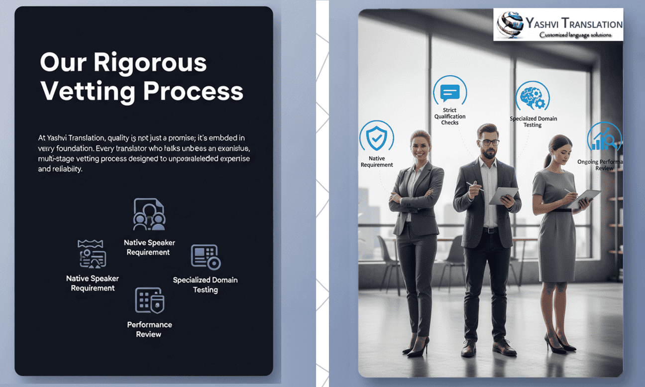 An infographic by Yashvi Translation explaining their rigorous, multi-stage vetting process for translators. The graphic highlights key quality control steps, including a native speaker requirement, strict qualification checks, specialized domain testing, and ongoing performance reviews.